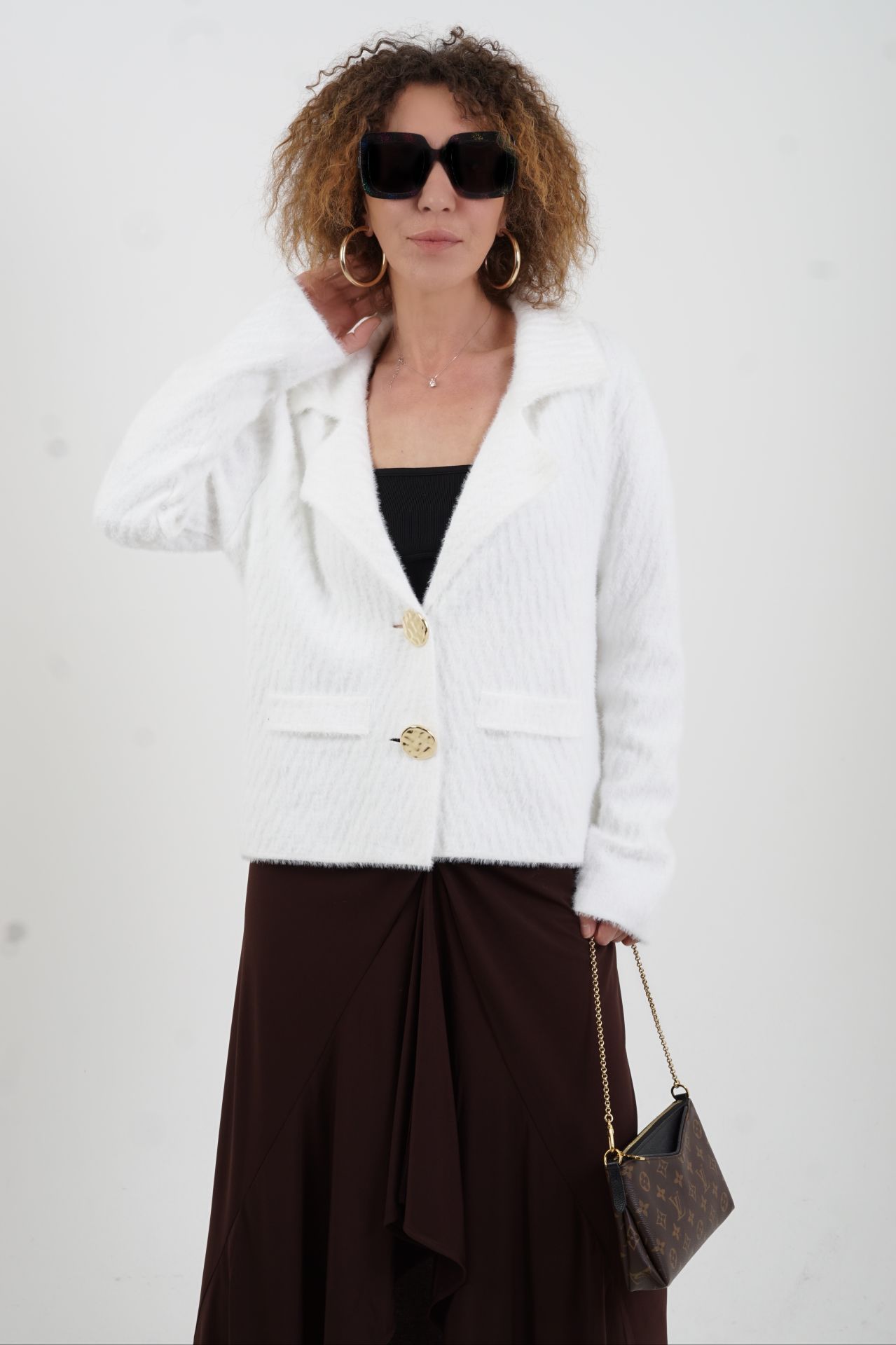 Ekru Sofistik Yaka Katlamalı Triko Ceket