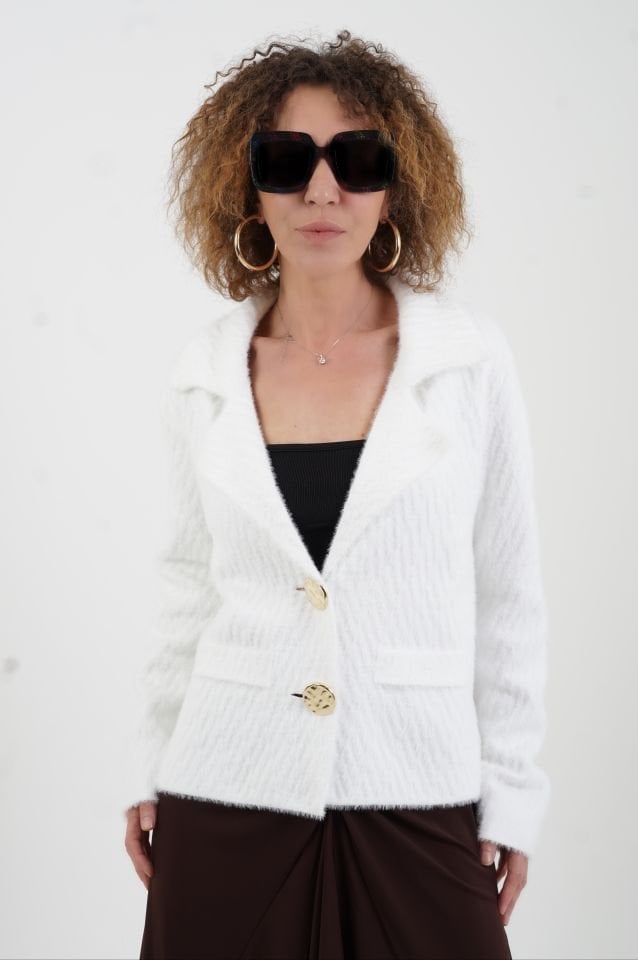 Ekru Sofistik Yaka Katlamalı Triko Ceket