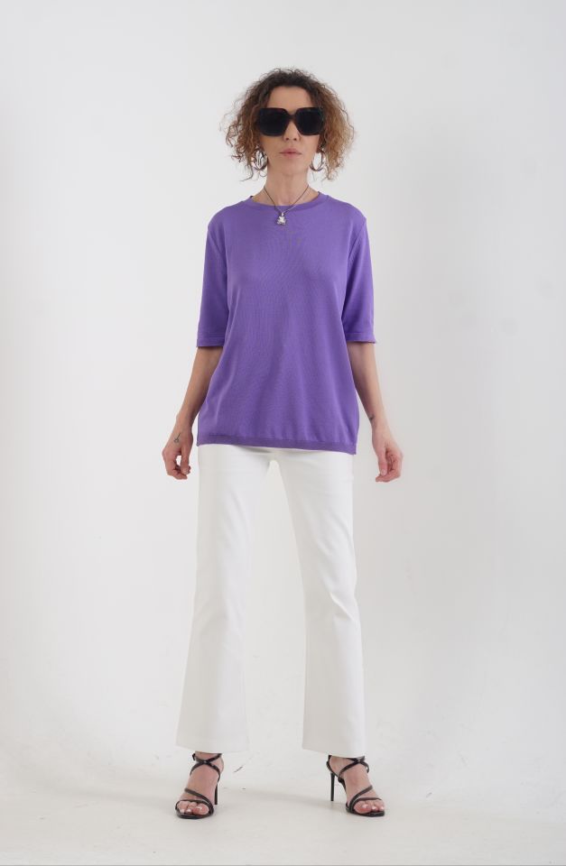 Mor Bisiklet Yaka Arka Damla Kısa Kol Kazak