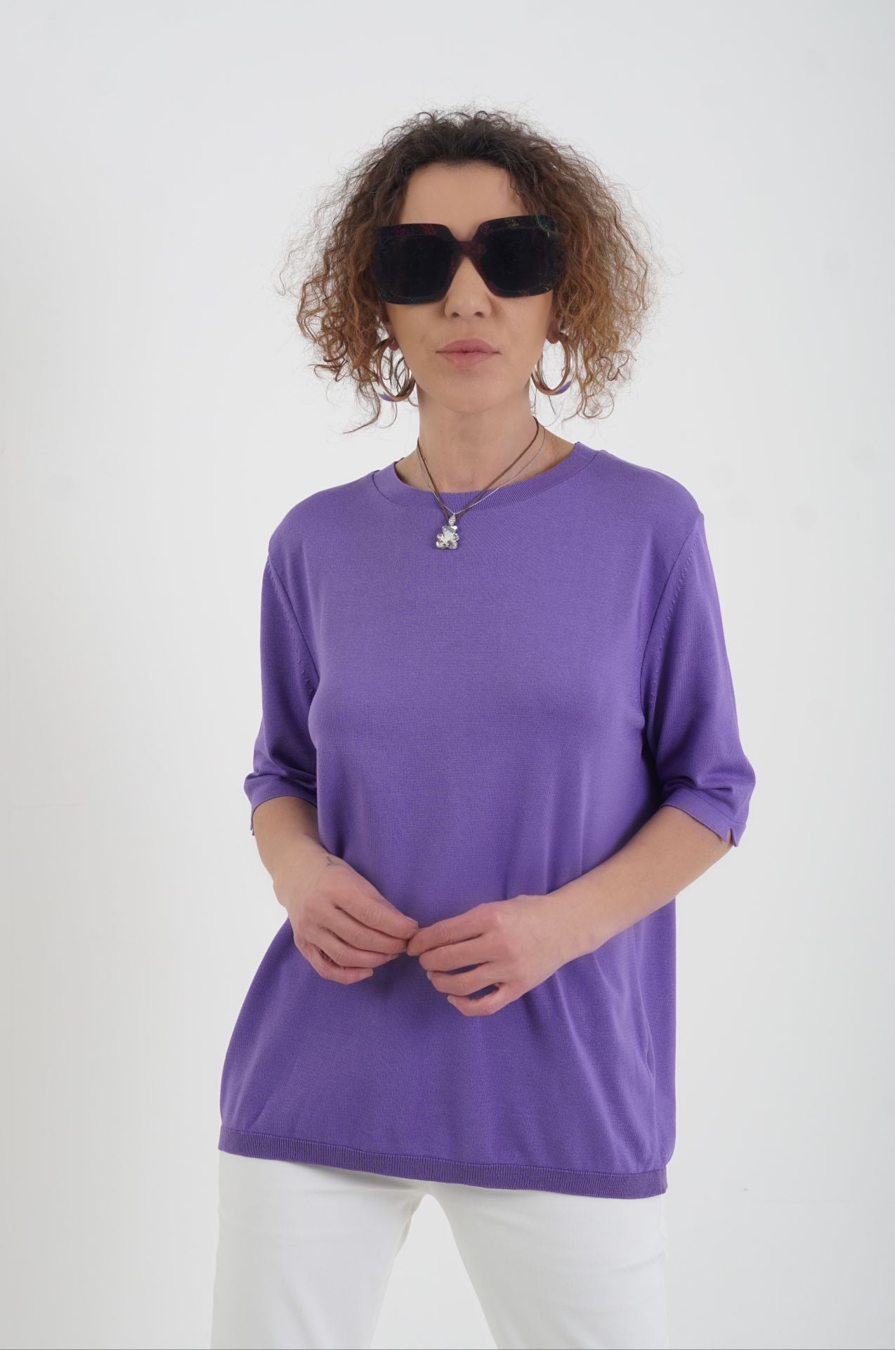 Mor Bisiklet Yaka Arka Damla Kısa Kol Kazak