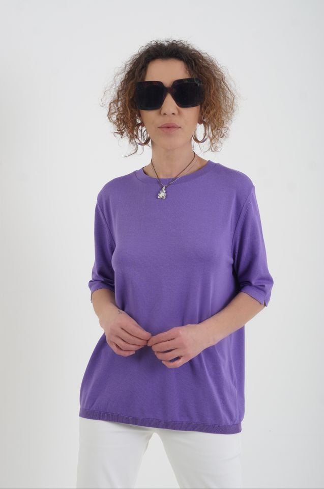 Mor Bisiklet Yaka Arka Damla Kısa Kol Kazak