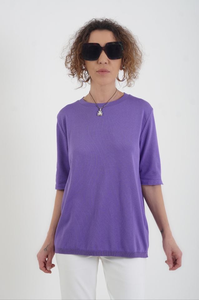 Mor Bisiklet Yaka Arka Damla Kısa Kol Kazak