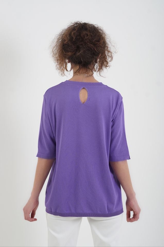 Mor Bisiklet Yaka Arka Damla Kısa Kol Kazak