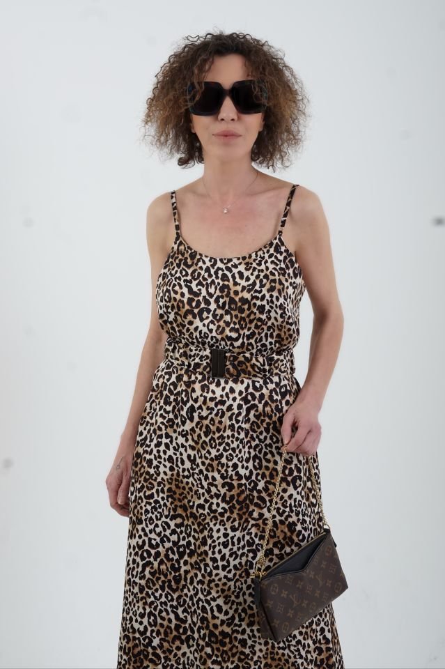 Leopar Desenli  Kemerli Askılı Saten Elbise