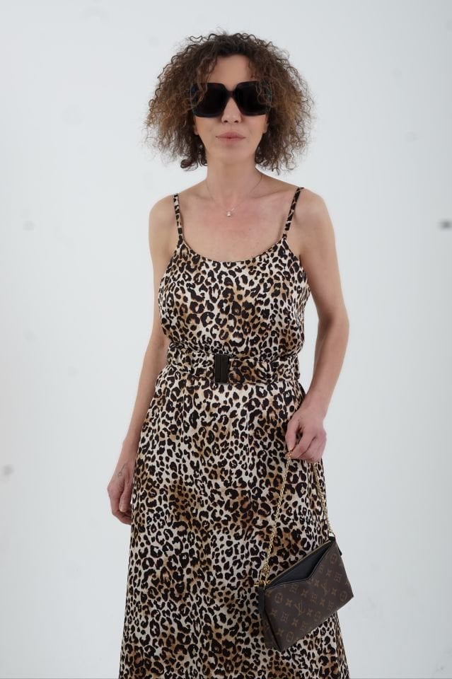Leopar Desenli  Kemerli Askılı Saten Elbise