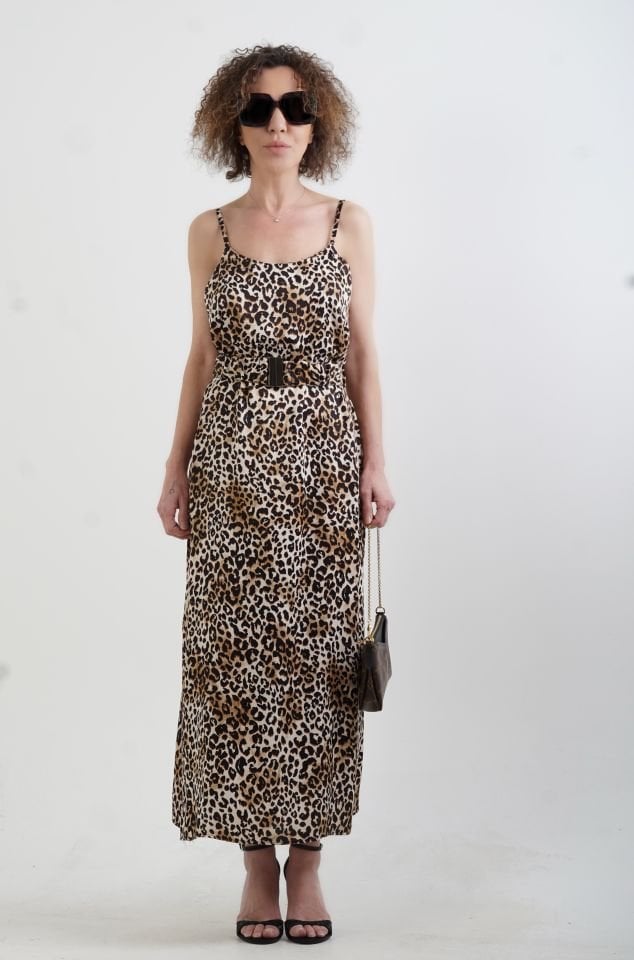 Leopar Desenli  Kemerli Askılı Saten Elbise