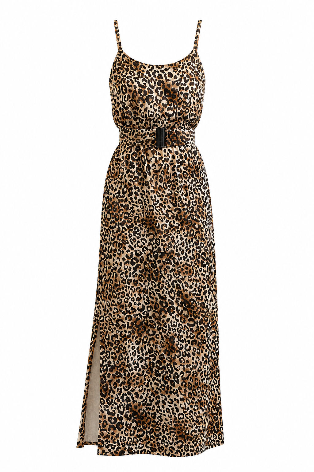 Leopar Desenli  Kemerli Askılı Saten Elbise
