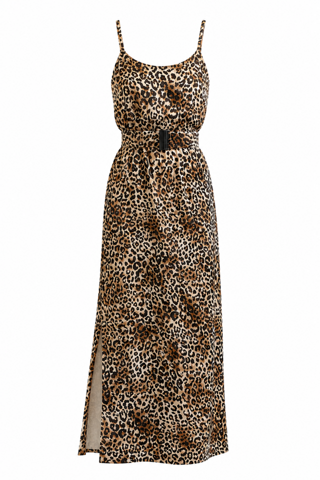 Leopar Desenli  Kemerli Askılı Saten Elbise