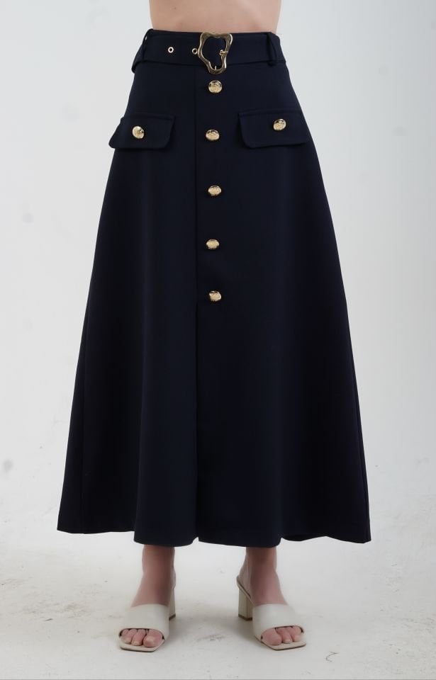Lacivert Gold Düğmeli Kemerli Etek