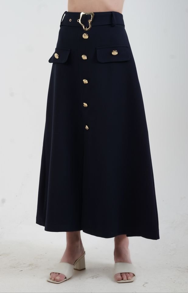 Lacivert Gold Düğmeli Kemerli Etek
