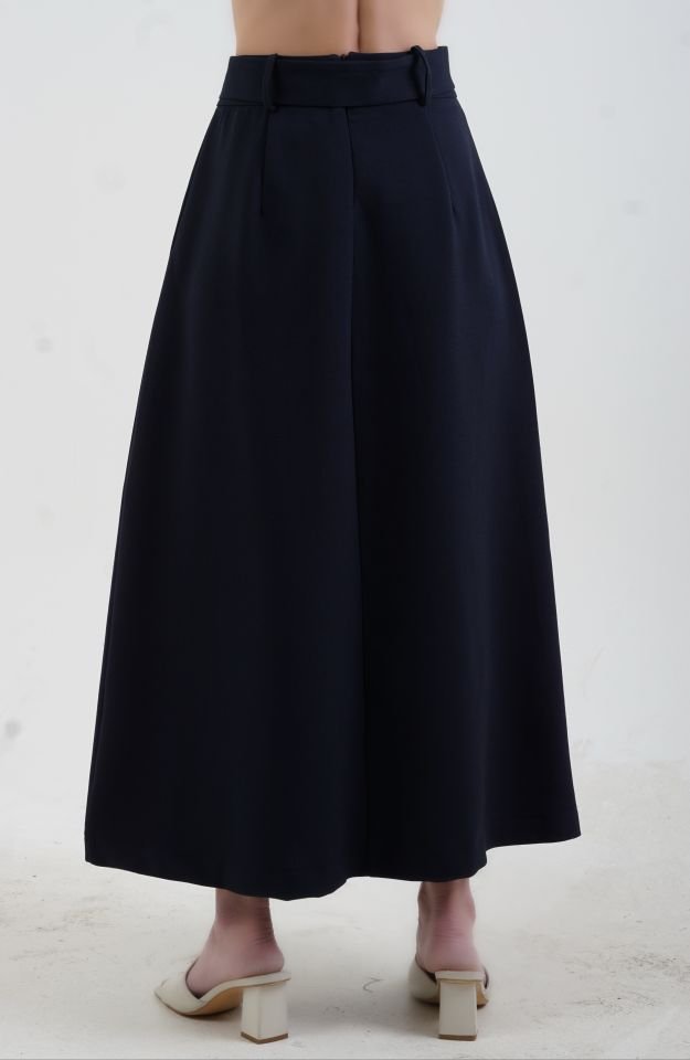 Lacivert Gold Düğmeli Kemerli Etek