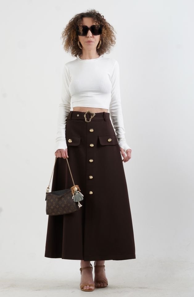 Kahve Gold Düğmeli Kemerli Etek