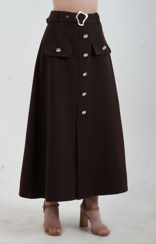 Kahve Gold Düğmeli Kemerli Etek