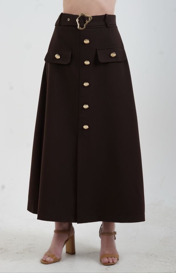 Kahve Gold Düğmeli Kemerli Etek