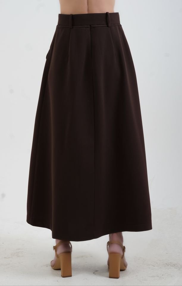 Kahve Gold Düğmeli Kemerli Etek