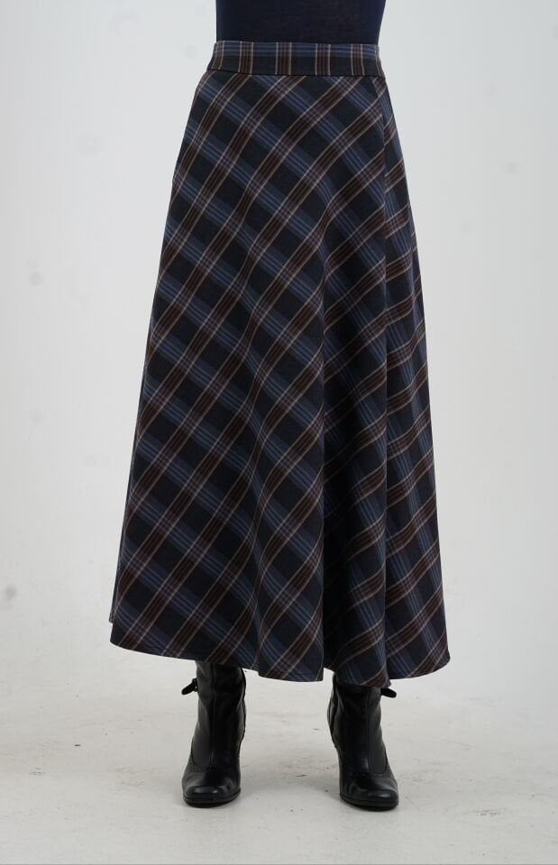 Lacivert Ekoseli Yırtmaçlı Etek