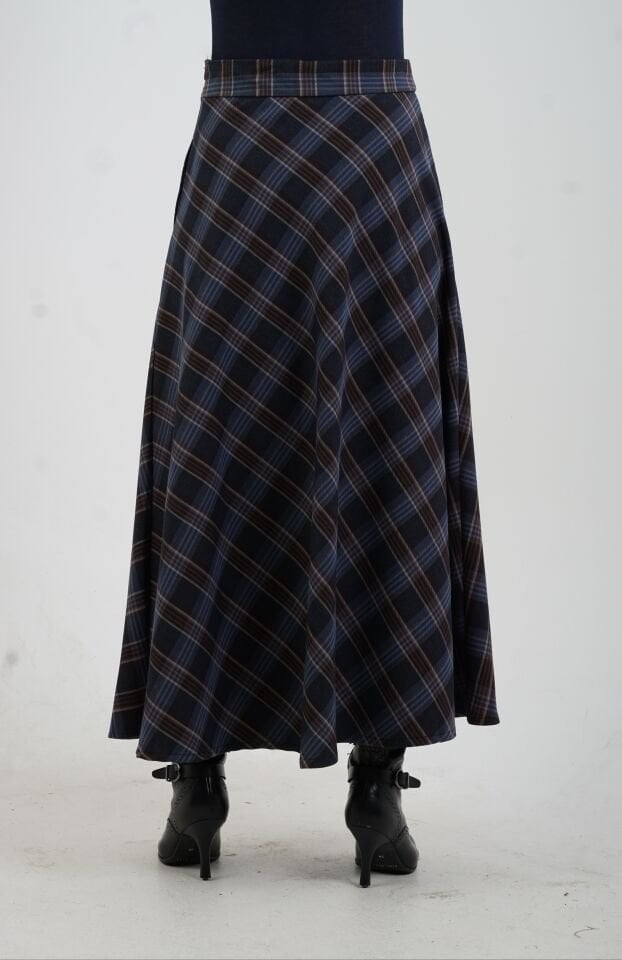 Lacivert Ekoseli Yırtmaçlı Etek