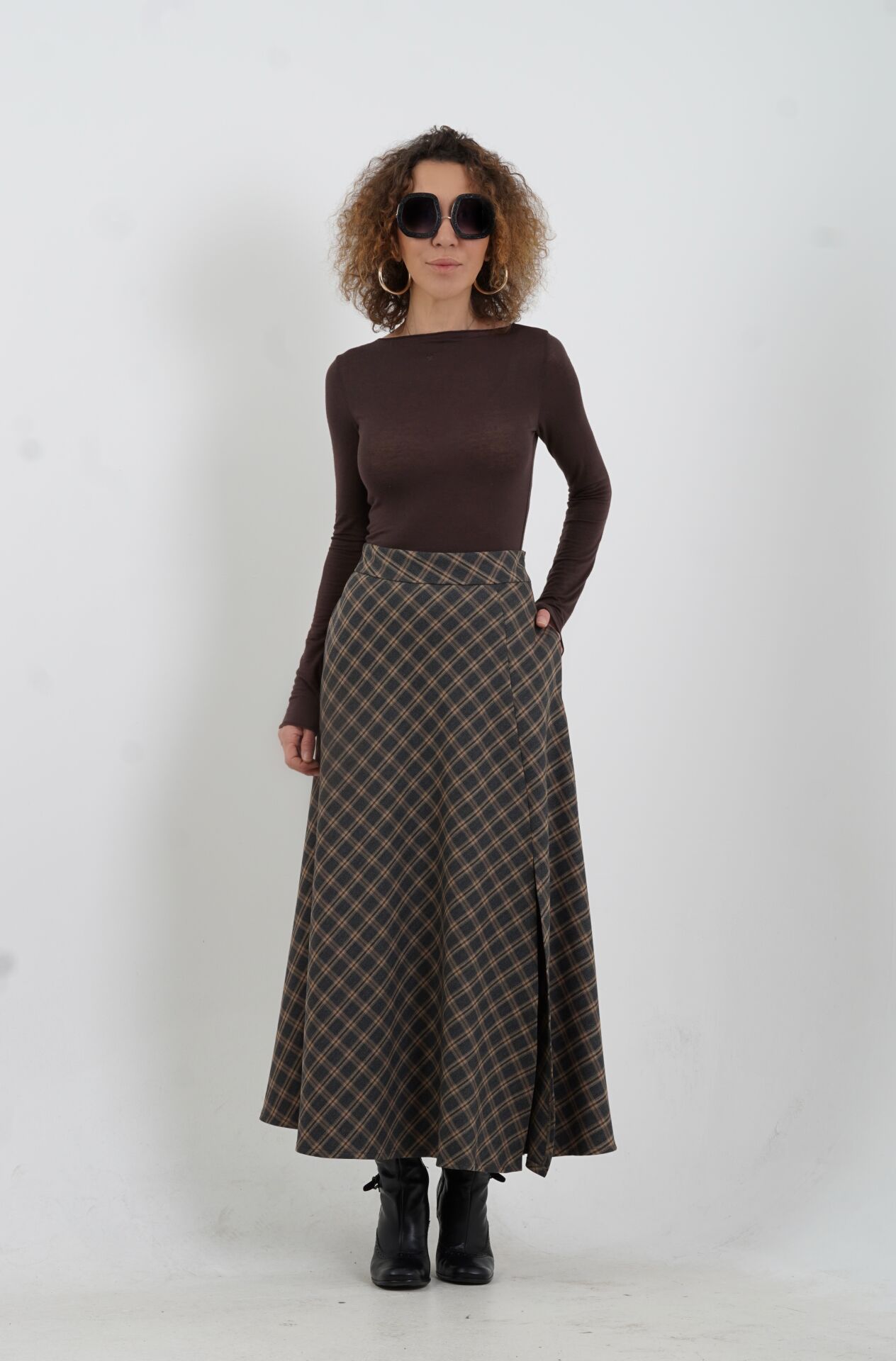 Füme Ekoseli Yırtmaçlı Etek