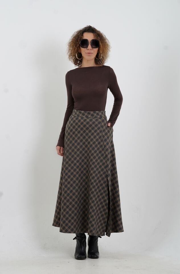 Füme Ekoseli Yırtmaçlı Etek