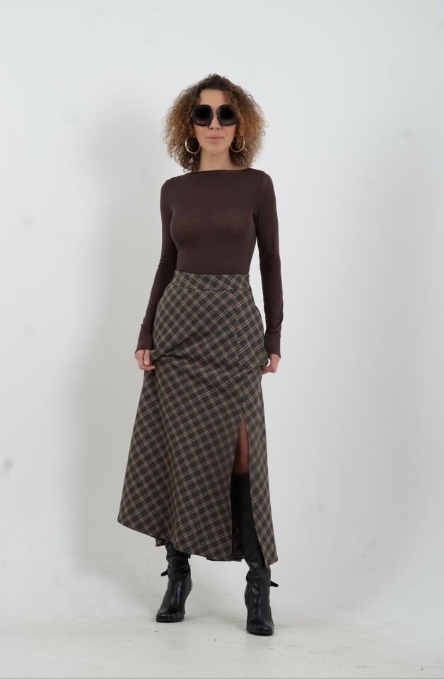 Füme Ekoseli Yırtmaçlı Etek