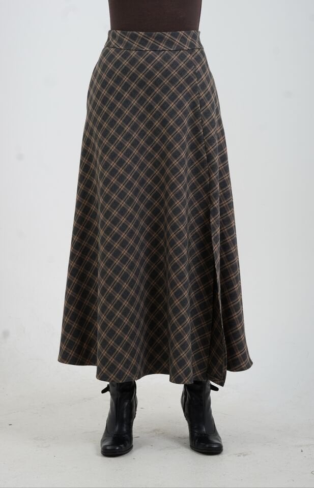 Füme Ekoseli Yırtmaçlı Etek