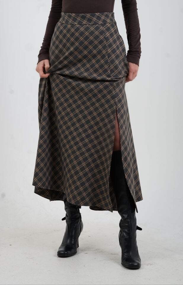 Füme Ekoseli Yırtmaçlı Etek