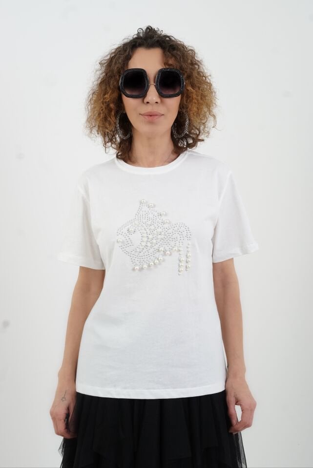 Ekru Taşlı İncili Balık Figürlü Tshirt