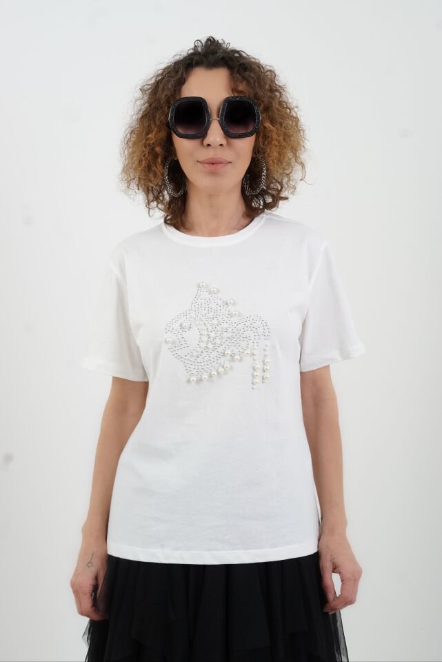 Ekru Taşlı İncili Balık Figürlü Tshirt