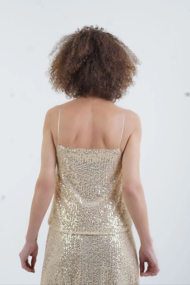 Gold İp Askılı Pul Payetli Kısa Bluz