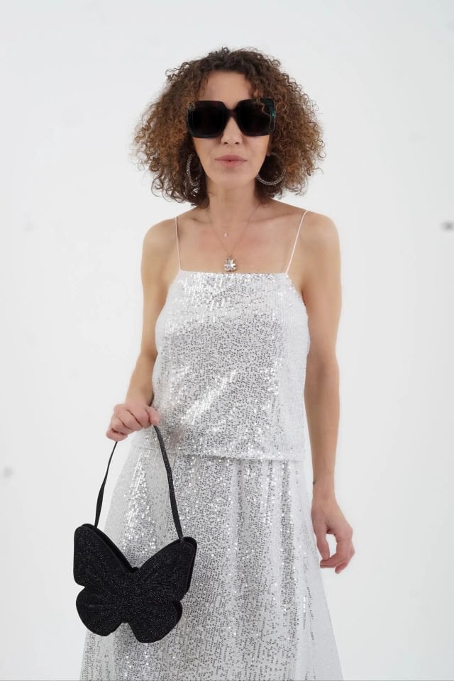 Gümüş İp Askılı Pul Payetli Kısa Bluz