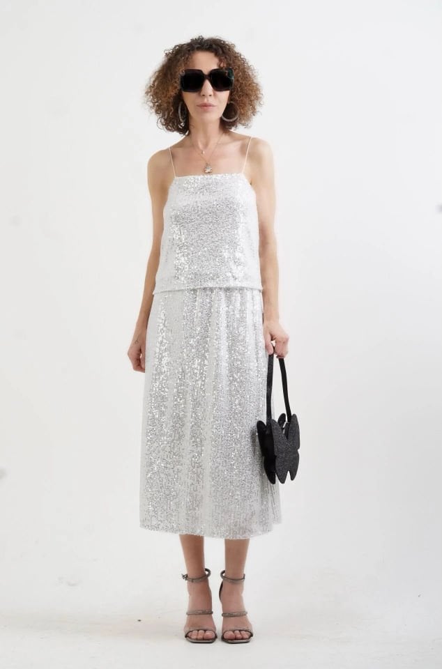 Gümüş İp Askılı Pul Payetli Kısa Bluz