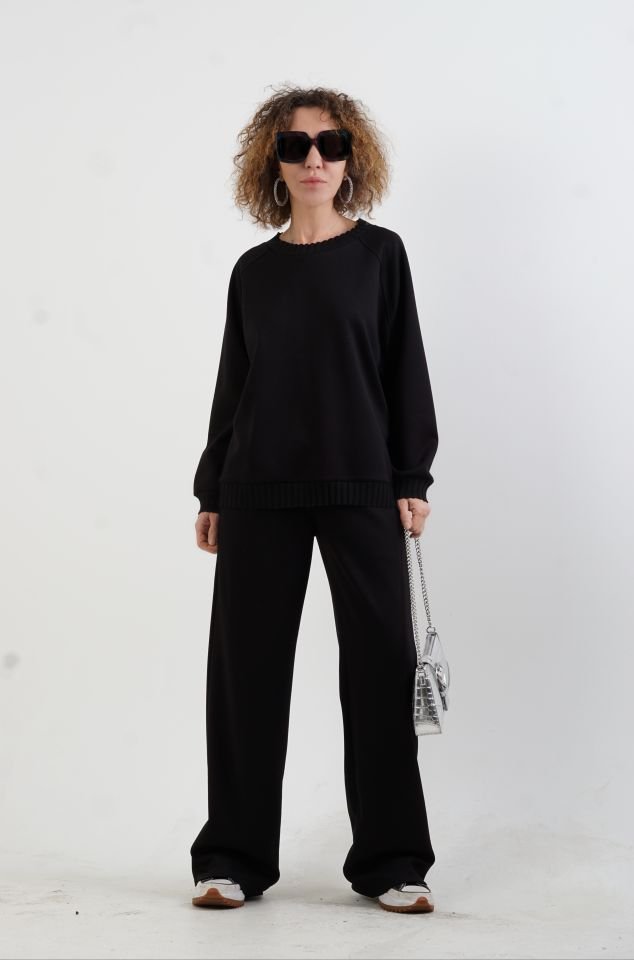 Siyah O Yaka Triko Detay Modal Sweatshirt Pantolon Takım