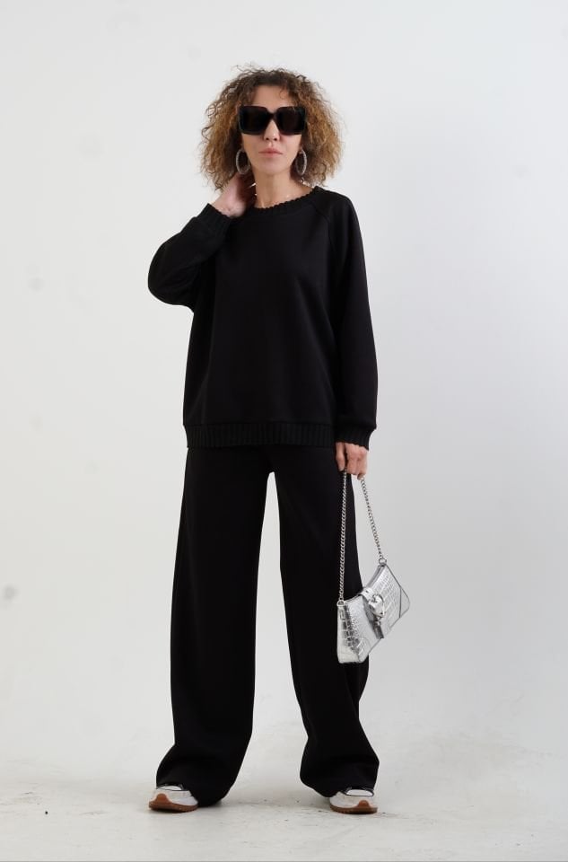 Siyah O Yaka Triko Detay Modal Sweatshirt Pantolon Takım