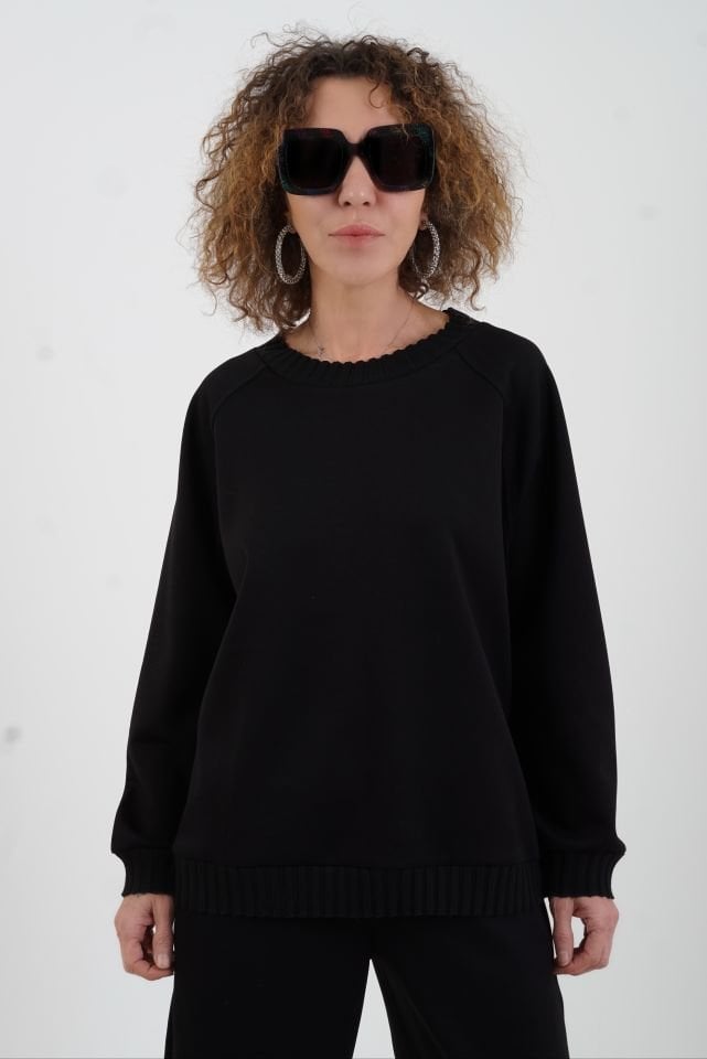 Siyah O Yaka Triko Detay Modal Sweatshirt Pantolon Takım