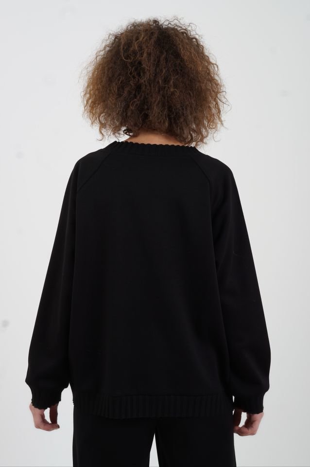 Siyah O Yaka Triko Detay Modal Sweatshirt Pantolon Takım
