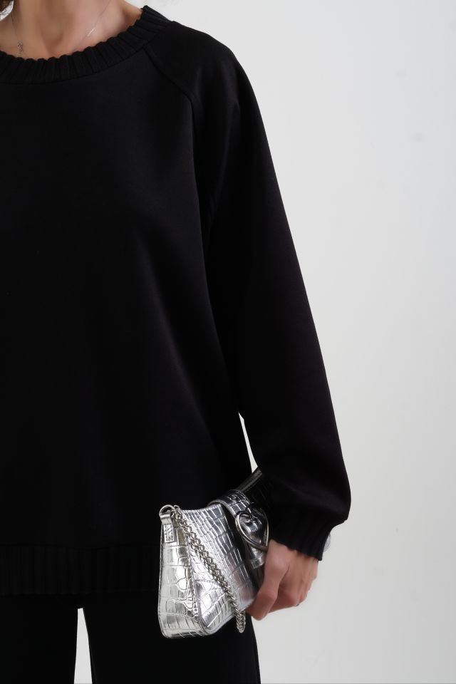 Siyah O Yaka Triko Detay Modal Sweatshirt Pantolon Takım