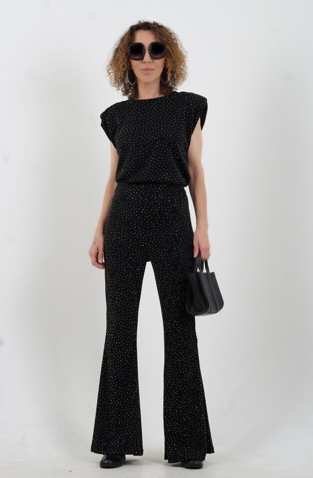 Siyah Droplu Vatkalı Sıfır Kol Simli Bluz