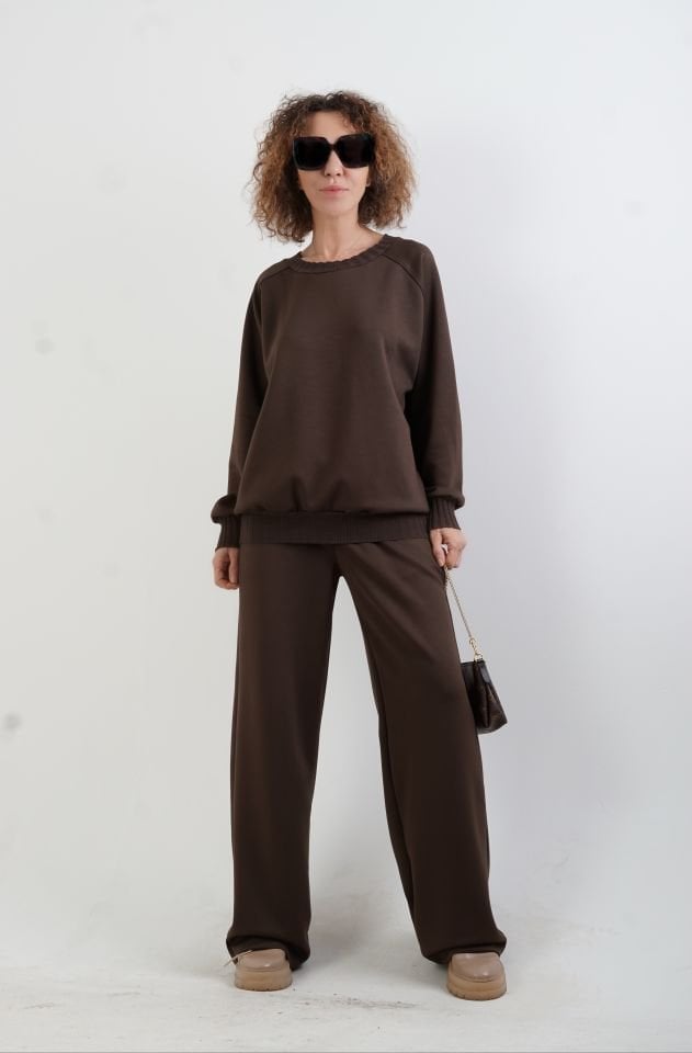 Kahve O Yaka Triko Detay Modal Sweatshirt Pantolon Takım