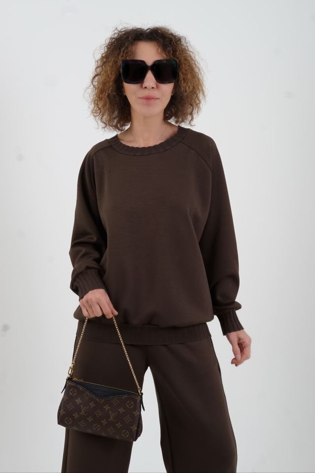 Kahve O Yaka Triko Detay Modal Sweatshirt Pantolon Takım