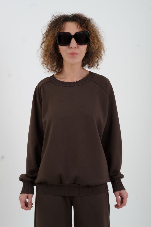 Kahve O Yaka Triko Detay Modal Sweatshirt Pantolon Takım