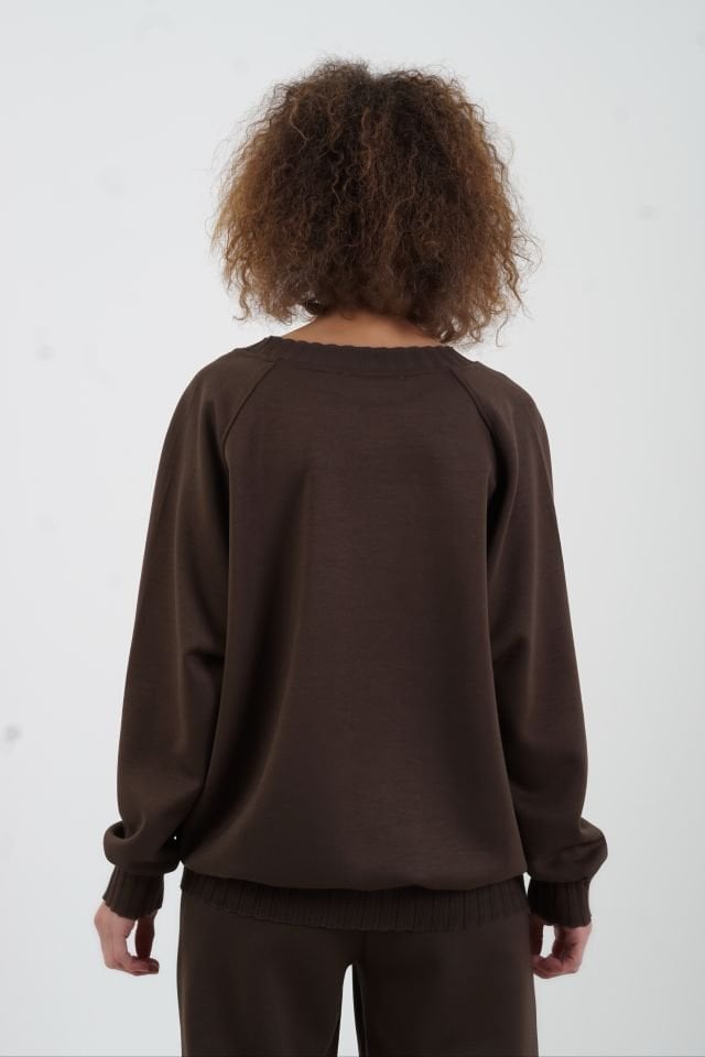 Kahve O Yaka Triko Detay Modal Sweatshirt Pantolon Takım