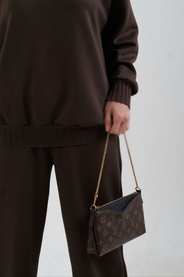 Kahve O Yaka Triko Detay Modal Sweatshirt Pantolon Takım