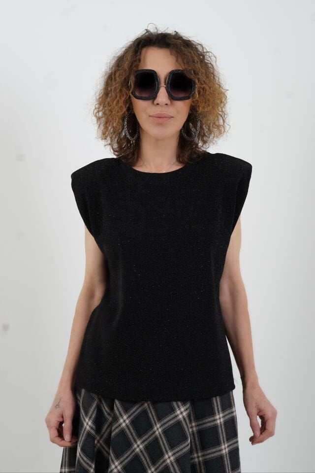 Gümüş Droplu Vatkalı Sıfır Kol Simli Bluz