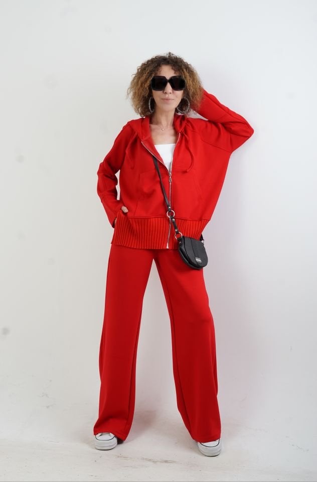 Kırmızı Fermuarlı Modal Sweatshirt Bol Paça Pantolon Takım