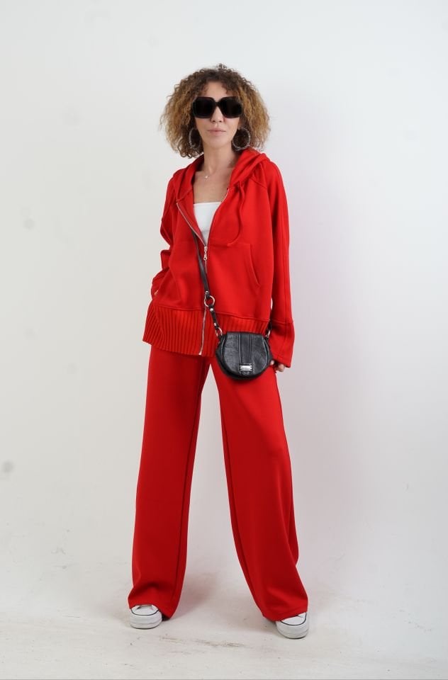 Kırmızı Fermuarlı Modal Sweatshirt Bol Paça Pantolon Takım