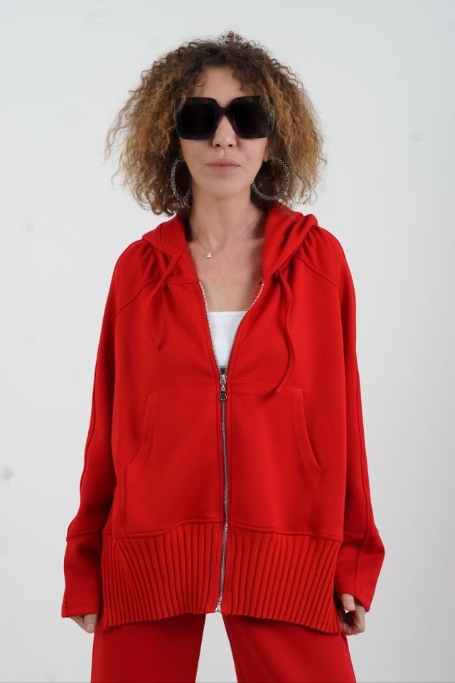 Kırmızı Fermuarlı Modal Sweatshirt Bol Paça Pantolon Takım