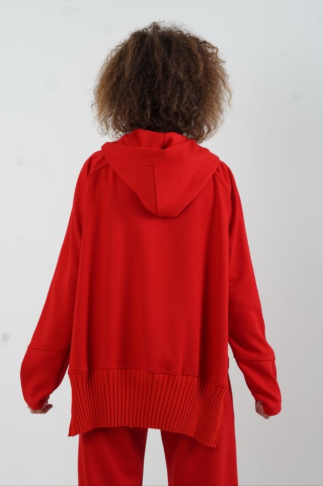 Kırmızı Fermuarlı Modal Sweatshirt Bol Paça Pantolon Takım