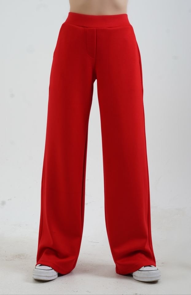 Kırmızı Fermuarlı Modal Sweatshirt Bol Paça Pantolon Takım