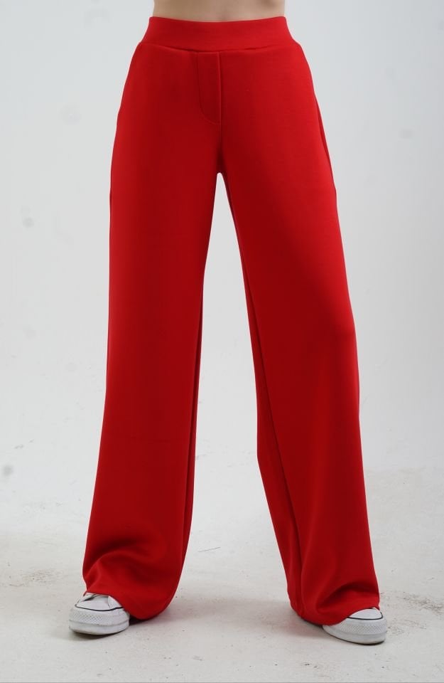 Kırmızı Fermuarlı Modal Sweatshirt Bol Paça Pantolon Takım