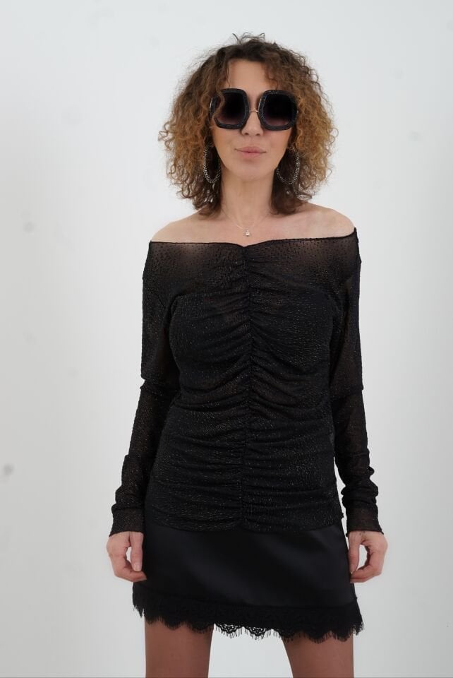 Siyah Önü Büzgülü Simli Tül Bluz